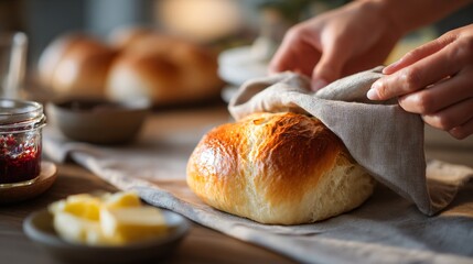 Hand tying linen napkin around fresh-baked roll beside jam and butter on table