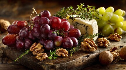 Late summer grapes, walnuts, cheese, and thyme styled on aged cutting board