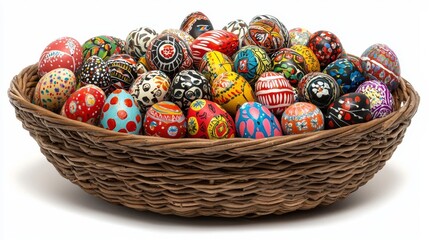 Colorful handpainted easter eggs in a festive basket celebrating spring with bunnies and vibrant colors