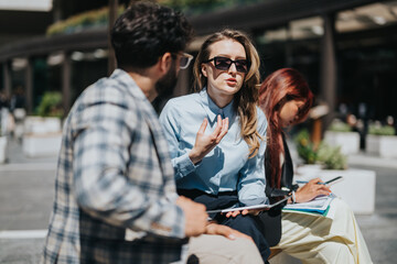 A group of Asian and European colleagues having a conversation in an urban outdoor area, symbolizing diverse collaboration, teamwork, and professional communication in a modern business context.