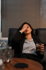 Businesswoman drinking alcohol holding a glass of whiskey 