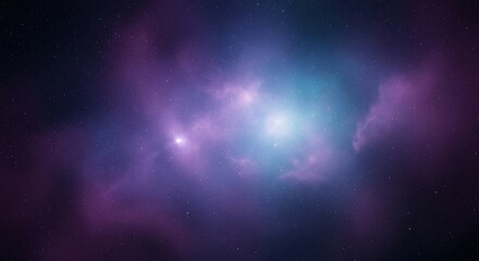 Fototapeta premium An abstract background of a serene cosmic nebula in shades of deep purple and cyan, filled with distant stars.