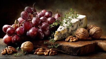Late summer grapes, walnuts, cheese, and thyme styled on aged cutting board