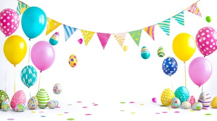 Easter festival celebration with colorful balloons eggs and bunnies in a cheerful environment