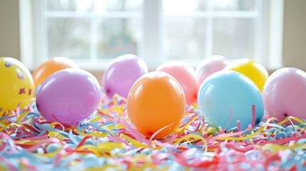 Festive easter party with colorful balloons and colorful eggs celebrating spring in a joyful home environment
