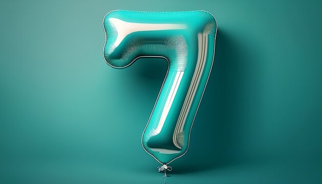 shiny turquoise number seven balloon floating against a plain background ideal for celebrations