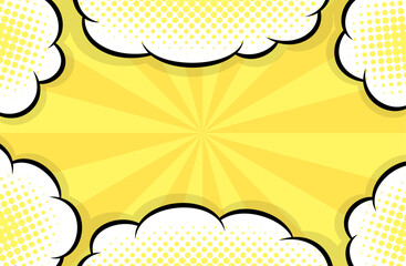 Cartoon-like pop and bright sunburst and clouds background. An eye-catching American comic book-like pop background with impactful concentrated yellow lines.