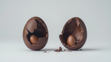 Luxurious chocolate easter egg breaking apart colorful festival scene with bunny and rabbit elements high-quality gigapixel imagery