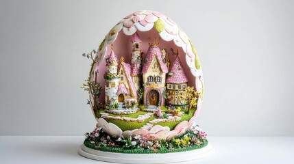 Easter festival celebration in a tiny bunny village inside a colorful giant egg enchanting fairy homes and vibrant decorations