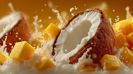 Fresh mango cubes inside a halved coconut with water splashes in a tropical setting