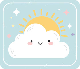 Cute cloud with happy face and cheerful sunshine illustration in pastel colors with stars background