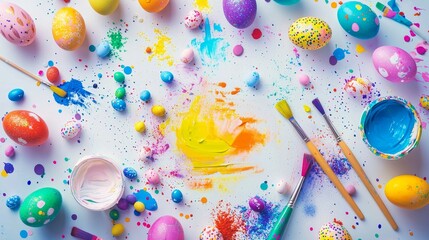 Creative easter crafting table with colorful eggs and bunnies topdown view in festive environment for holiday celebration