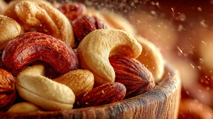 Close-up of a bowl filled with roasted cashew nuts, sprinkled with seasoning and spices, with particles suspended in the air