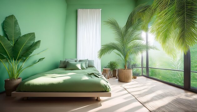 indoor room with a big palm sunlight and a bed green color scheme depicts nature peace and tranquility good for calm and relaxing backgrounds