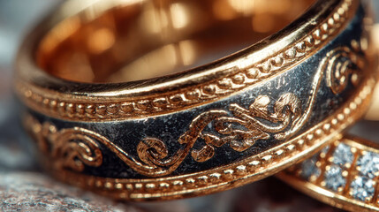 Close-up of two ornate gold rings with intricate designs and gemstones, resting on a rough stone background