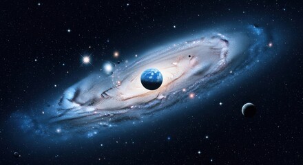 Obraz premium A conceptual image of Planet Earth centered within a massive spiral galaxy, with other planets nearby. A symbolic representation of humanity and the cosmos.