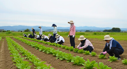Japanese Farmers Cultivating Organic Vegetables in Serene Countryside