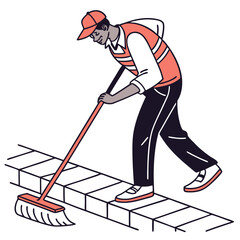 Man Sweeping Sidewalk with Broom, Illustration