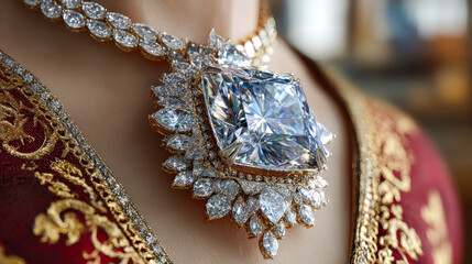 Luxurious, sparkling diamond necklace with intricate floral design worn on the neck of a model, captured in stunning detail