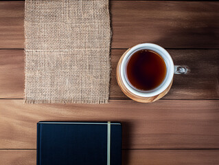 Elevated View of a Productive Workspace: Tea Cup, Notebook, and Burlap on Wooden Desk