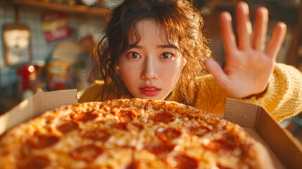 An Asian woman holding her hand up as if refusing food, staring intensely at a pepperoni pizza in a box, illustrating a diet struggle