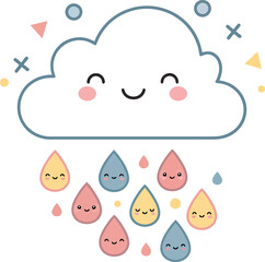 Cute smiling cloud with colorful raindrops rain illustration in pastel colors cheerful weather design