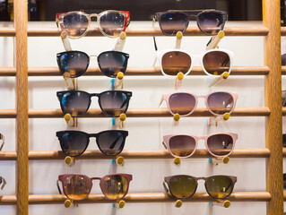 Sunglasses Display on Wooden Rack