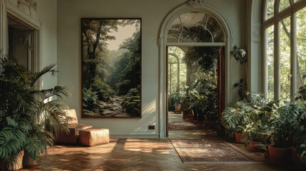 A bright and elegant interior with large windows, lush green plants, classic decor, and a framed forest landscape painting