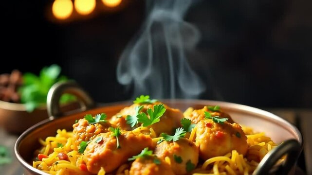 Authentic Chicken Biryani in Copper Pot &ndash; Traditional South Asian Cuisine Photography

Aromatic Chicken Biryani with Spices in Copper Handi &ndash; Warm Food Styling Scene

Classic Chicken Biryani Served in