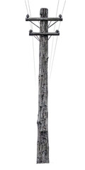 Old Wooden Utility Pole with Power Lines on Transparent Background