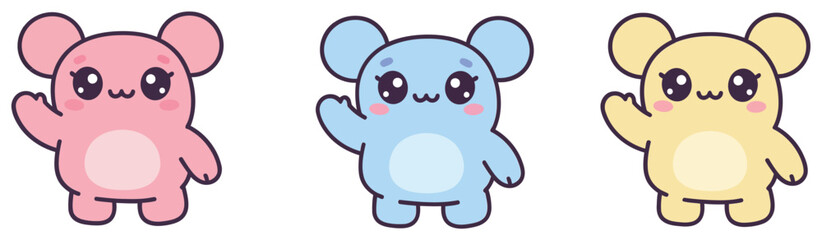 Naklejka premium Three cute cartoon bears in pink blue and yellow waving paws in simple white background