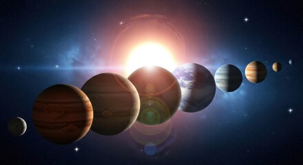 An artistic lineup of the solar system planets against a backdrop of stars and a bright, flaring sun. A journey through our cosmic neighborhood.