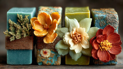 Close-up of beautifully handcrafted soap bars, decorated with dried flowers and natural textures, wrapped with rustic twine on a wooden surface