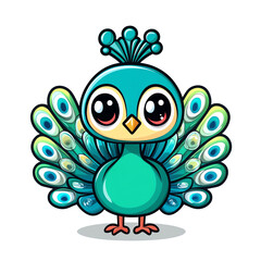 Fototapeta premium Adorable Cartoon Peacock: Vibrant Teal and Green Feathers, Big Eyes, Cute Baby Bird Illustration, Perfect for Kids' Products, Textiles, and More!