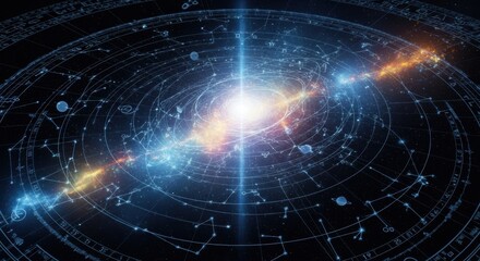 An intricate and mystical astrological chart combined with a glowing galactic core, blending science, astrology, and esoteric symbolism.