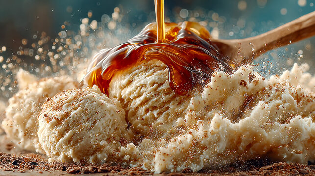 High-speed shot of rich espresso syrup being poured over creamy vanilla ice cream, topped with brown sugar crystals