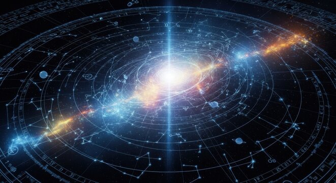 An intricate and mystical astrological chart combined with a glowing galactic core, blending science, astrology, and esoteric symbolism.