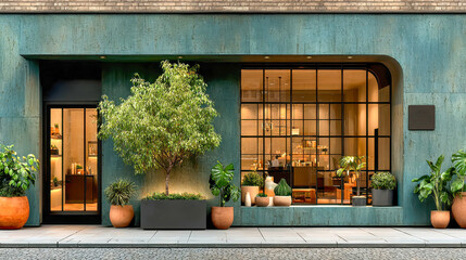 Modern storefront with large glass windows, lush green plants, wooden interior decor, and a tree growing through the structure