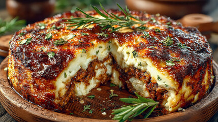 Deliciously baked moussaka with a crispy, golden-brown cheese topping, rich meat layers, and garnished with fresh herbs, presented on a wooden plate