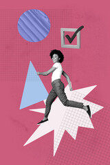 Contemporary artwork collage of happy girl guy stand checkmark icon project confirmation acceptance...