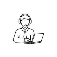 Man wearing headset and working on laptop in minimalist outline style  