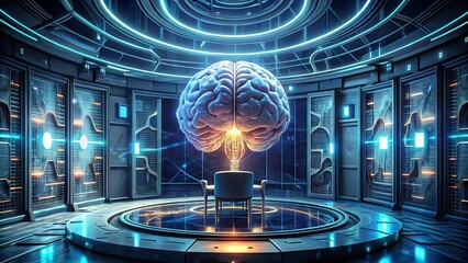 Digital brain AI interface cyberpunk style concept, A futuristic environment featuring a glowing brain centerpiece surrounded by intricate circuitry and a high-tech ambiance.