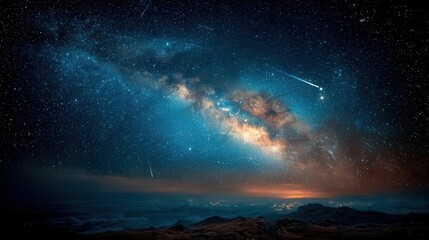 Majestic milky way and meteor shower display over distant landscape