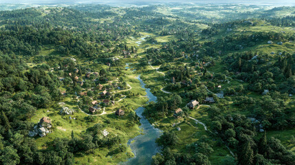 A lush rural landscape with scattered small houses, winding rivers, and rolling green hills, offering a peaceful, expansive view of the countryside