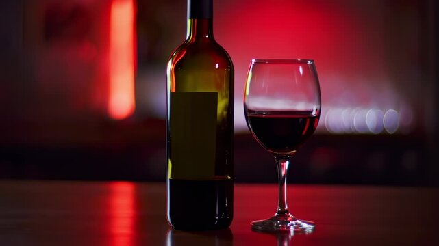 Red Wine Bottle and Glass under Red Lighting