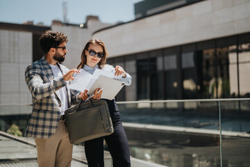 Two business professionals discussing documents outside an office building, showcasing teamwork