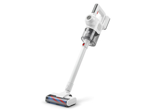 A white cordless stick vacuum cleaner with a transparent dustbin on a plain white background