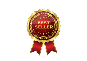 Golden best seller badge with red ribbon isolated on transparent background
