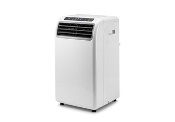 A portable air conditioner unit in white color isolated on a white background in a studio setting