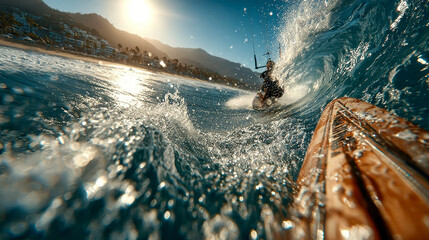 Action shot of a kitesurfer powering through the water, taken from a dynamic, low angle with intense sunlight and ocean spray